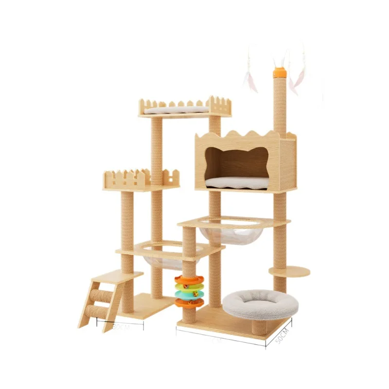 Solid Wood Cat Tree, 3 in 1 Cat Climber Bed Scratcher, Space Saving Wall Lean, Suitable for Maine Coon Ragdoll, Indoor Use