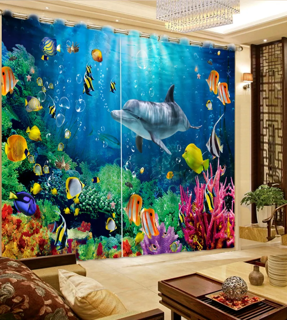 beach window curtains Dolphin Coral Fish Turtle Tropical Fish curtain styles for bedrooms Beautiful Photo