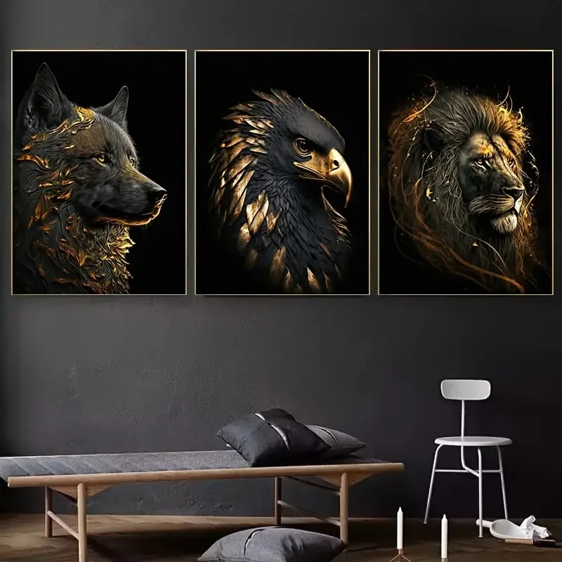

3pcs/set Modern Poster Golden Wolf Gold Eagle Lion Wall Art Canvas Painting Art for Living Room Bedroom Decor Housewarming Gift
