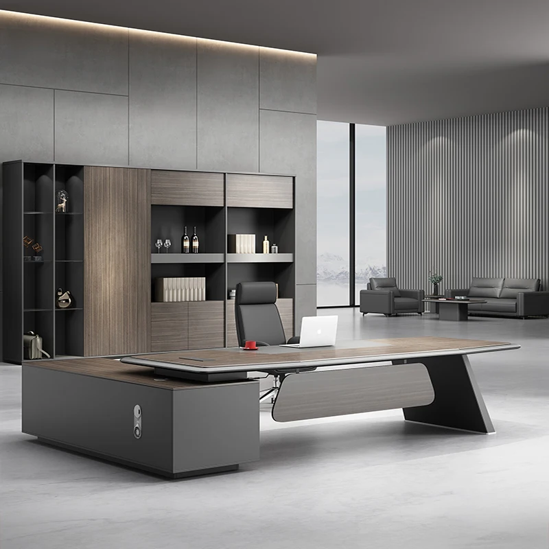 high-end minimalist modern desk CEO-led director Large L-shaped room manager Gold white and orange minimalist