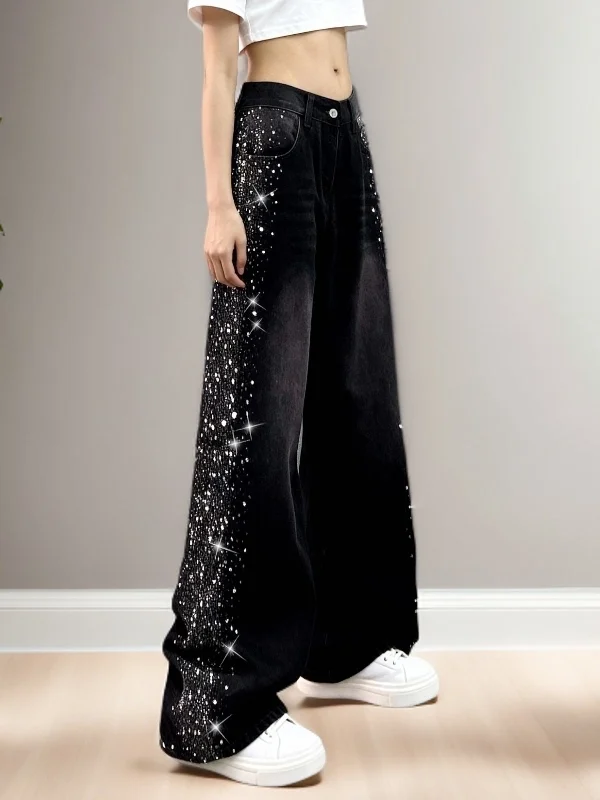 

Весенние джинсы с высокой талией и блестками, широкие брюки для женщин с фигурой типа «груша», повседневные, с множеством карманов, синие, с эффектом потертости