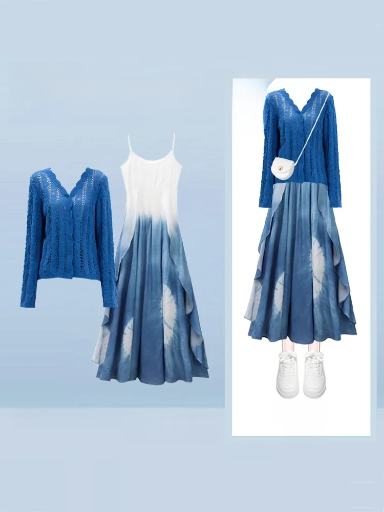 

Autumn Faion Long Sve Knitted Dr Set with Dyed adient And Lace Trim Casual Sle V Ne Button up for Women