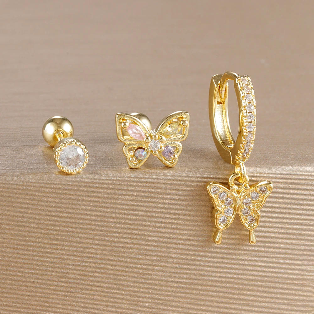 3PCS Exquisite Gold Plated Sweet Butterfly Stud Earring Set for Women Sparkling Zircon Drop Earring Daily Wear Jewelry Gifts