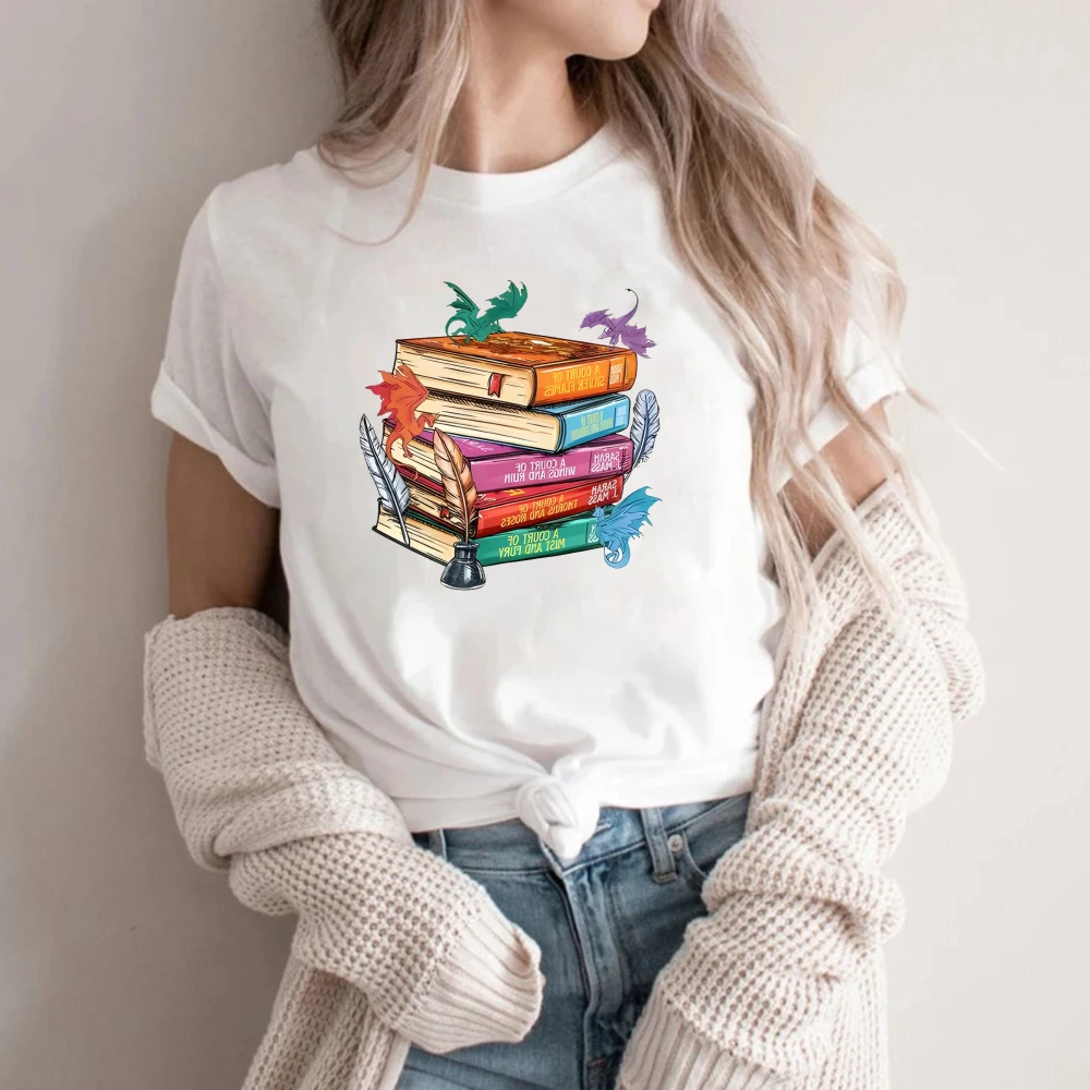 Fantasy Dragon Book Stack TShirt Retro Book Lover Print Casual Short Sleeve Tee for Women Bookworm Fantasy Fan Gift