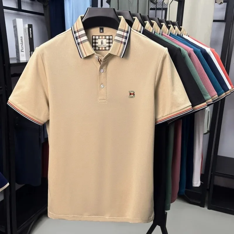 High end brand letter embroidery short sleeve polo shirt men's fashion summer new casual personality color blocked lapel T-shirt