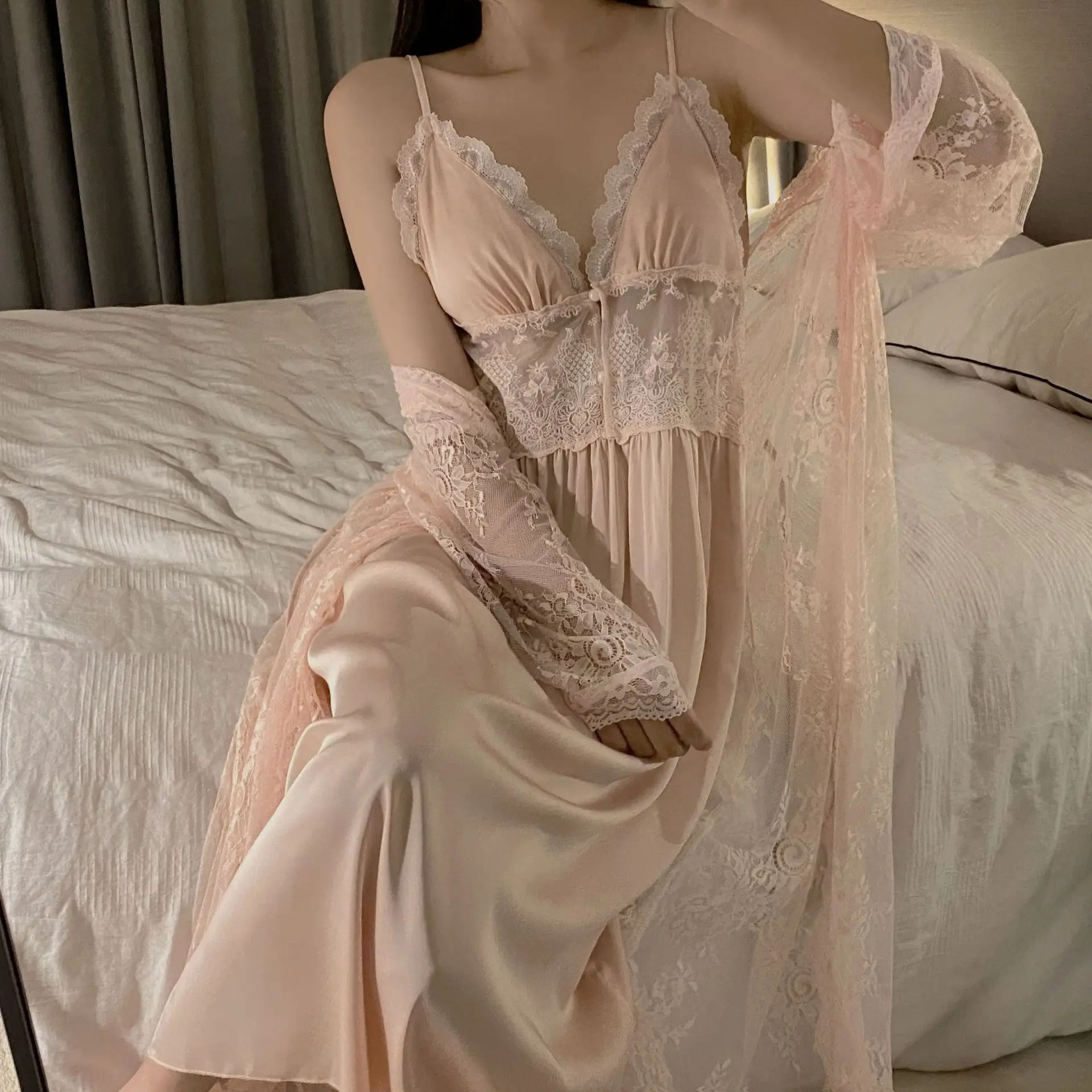 Lady Bathrobe Gown Suit Women Lace Hollow Out Robe Set Sexy Satin Kimono Sleepwear Nightgown Loungewear Casual Home Clothes