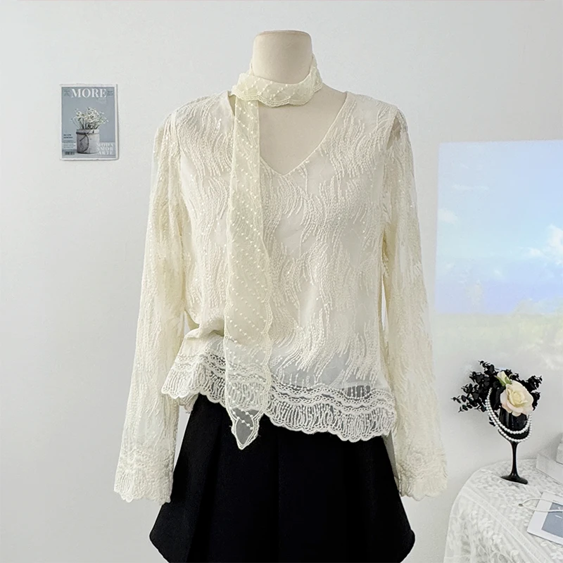 

Кружевная рубашка с французской вышивкой, висящий пуловер с v-образным вырезом и длинными рукавами, блузка, элегантные женские сетчатые топы