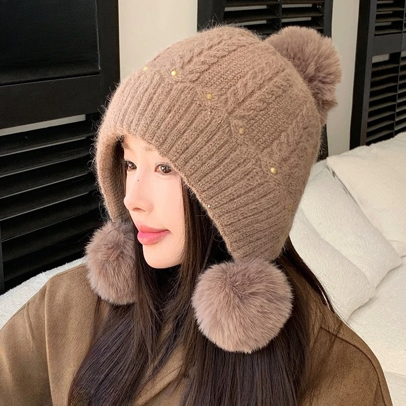 Good Quality Rabbit Fur Knitted Hat Korean Light Luxury Pearl Warm Wool Hat Autumn and Winter Fleece Ear Protector Pullover Hat
