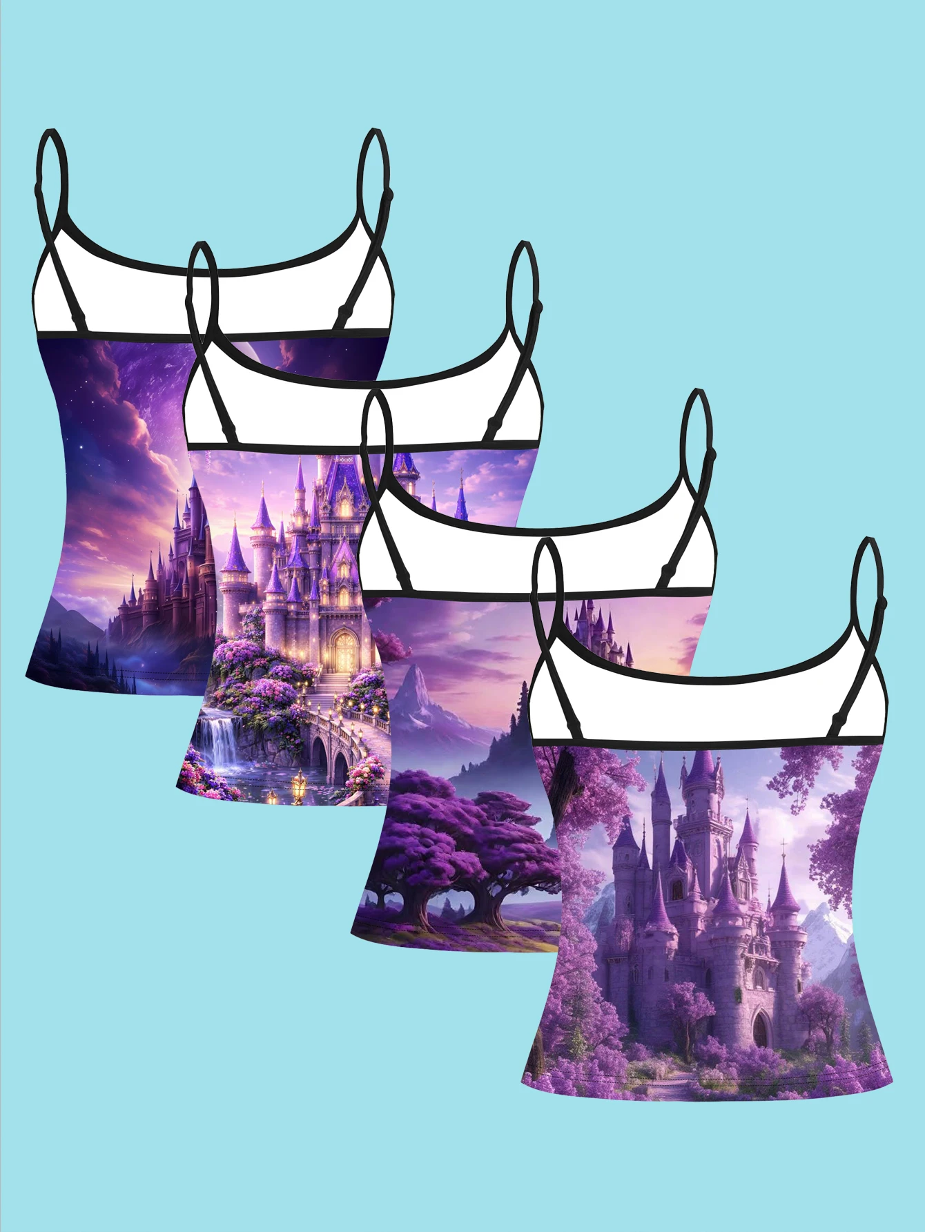 4-Piece Set of Wisteria Castle Night Scene Camisole Set, Zixia Waterfall Magic Castle Women's Slim-Fit Base Tank Top