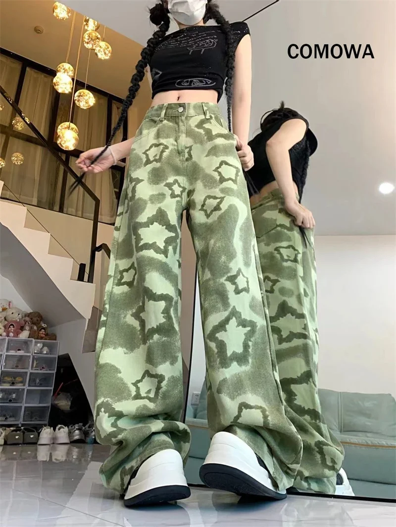 

American Retro Green Camouflage Star Pants Jeans 2025 Autumn Straight leg New High Street Trendy Brand Slimming Niche Loose fit