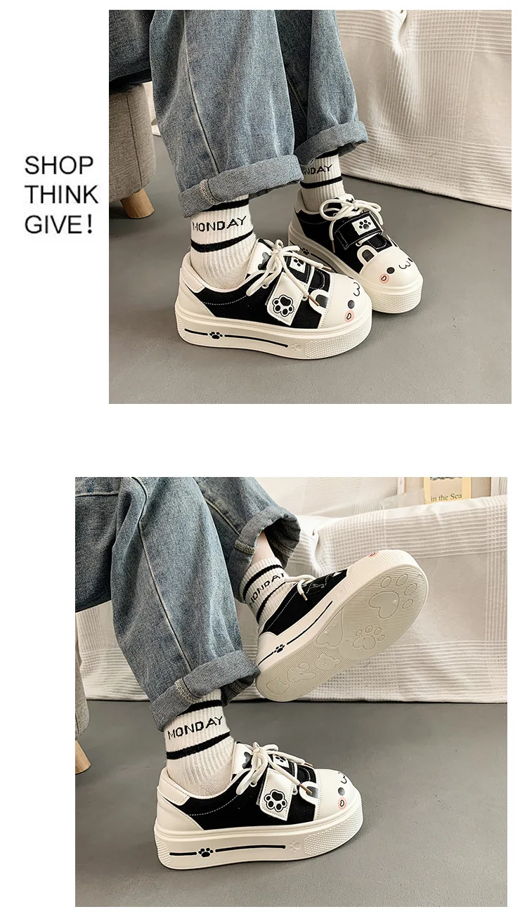 Kuschelige Katzenpfoten-Canvas-Schuhe, Schnür-Sneaker mit Kätzchen-Patchwork für Damen, Plateau-Schuhe aus Kunstleder, Lolita-Chunky-Trainer – Detail 6