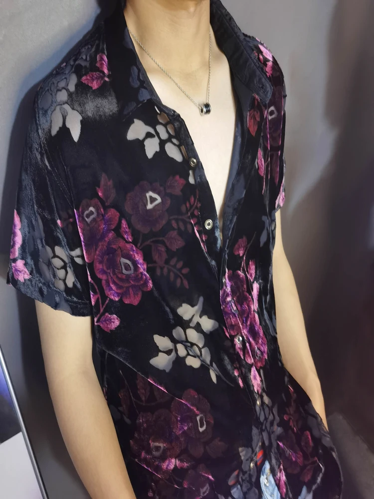 

Fashion Transparent Floral Shirt Masculine Velvet Slim-fit Mens Short-sleeved Clothing See-through Nightclub Purple