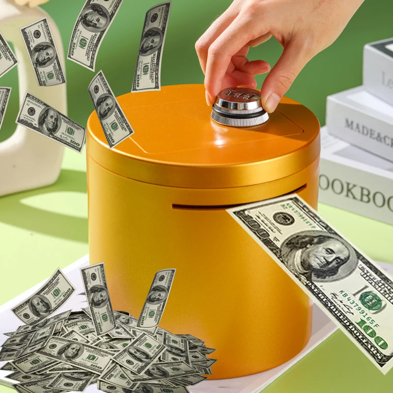 

Password Mechanical Lock Safe Box, Gold Black Color Plastic Anti-fall Material Piggy Bank, Round Shape Strong Storage Can