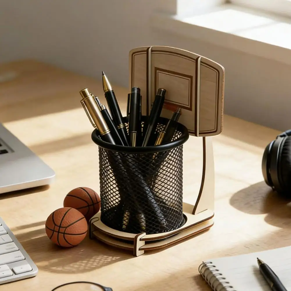Pencil Holder Mesh Basketball Pen Holder Metal Mesh Cup Desk Organizer Basketball Stand Style Pencil Holder Ruler Eraser Organiz
