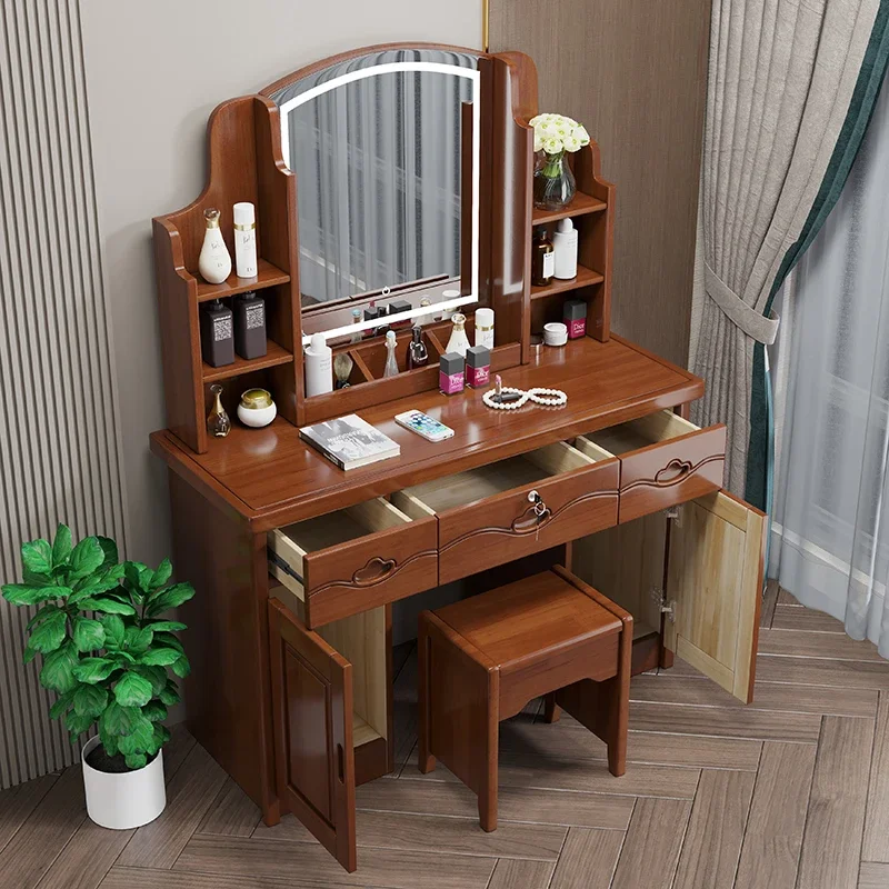 Factory Direct 2026 Chinese solid wood dresser drawer with lock, simple modern log Internet celebrity makeup mirror