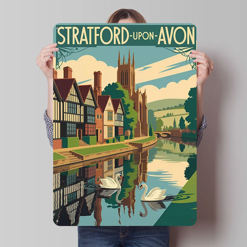 Placa de Metal Personalizada Stratford-upon-Avon: Pôster Retrô de Viagem, Arte de Parede Vintage para Decoração de Casa e Quarto, Luxuosa e Aconchegante