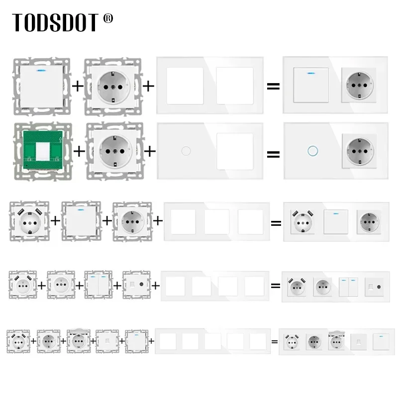 TODSDOT European Standard 16a Wall Mount Power Switch Socket diy Module White Glass Panel Free Combine Button Function Vertical