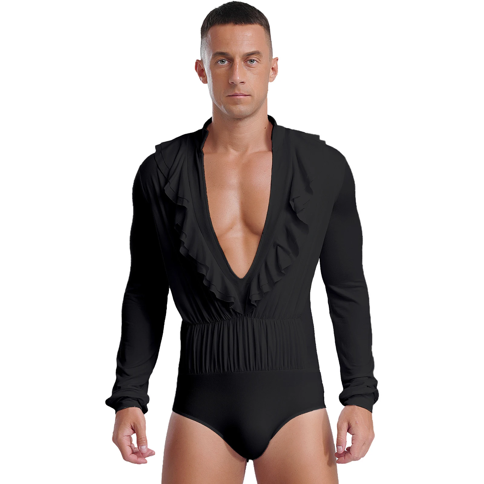 Mens Latin Dance Performance Competition Costume Ruffles Deep V-neck Long Sleeve Gymnastics Bodysuit Cha-Cha Rumba Dancewear