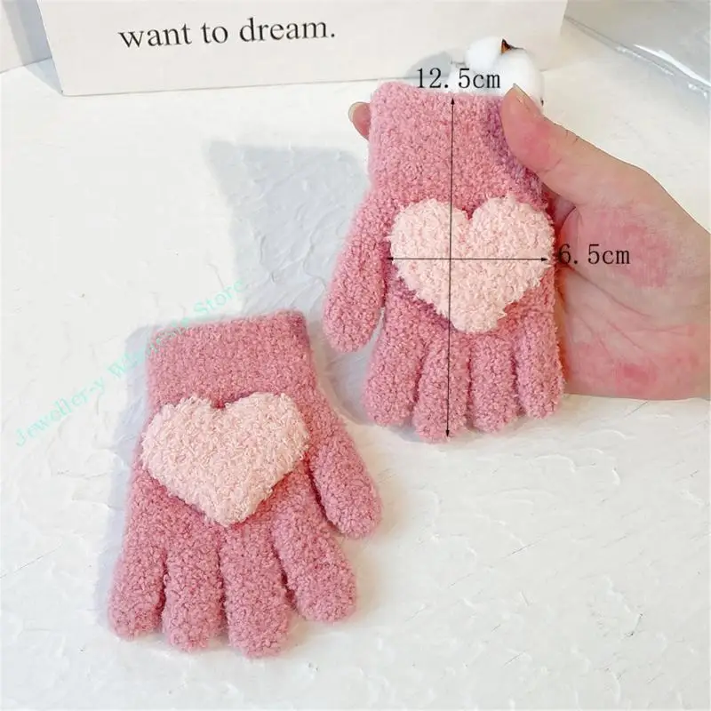 

R7UF Winter Knitted Full Finger Gloves Warm Mittens for Kids Heart Decor