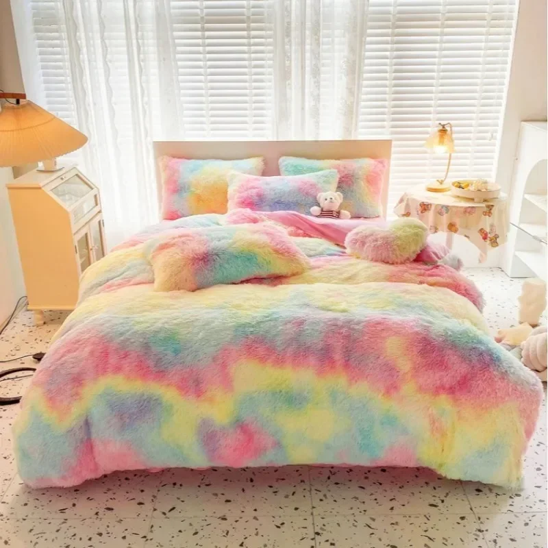 Luxury Shaggy Bedding Set Winter Warm Tie Dye Ultra Soft Plush Comforter Cover Set, 1 Duvet Cover + 1 Bed Sheet + 2 Pillowcase