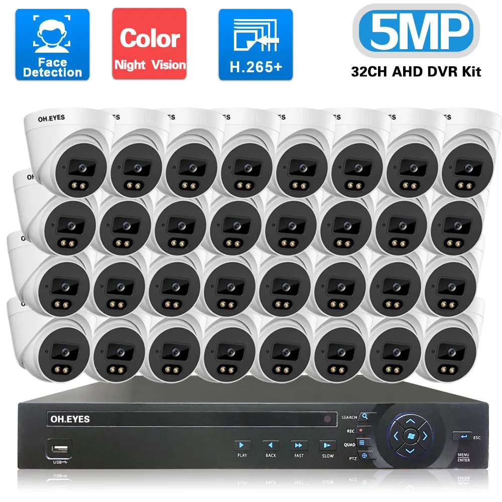 AHD CCTV Camera Security System Kit Dome 5MP 32CH DVR NVR Set Full Color Nigh Vision BNC Camera Video Surveillance System Kit 2K