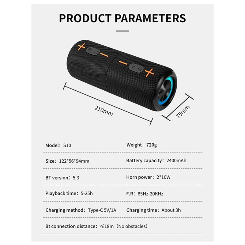 B34B-S10 Detachable Bluetooth Speaker Portable Speaker IPX6 Waterproof Suitable TWS Boom Box Colorful Lighting Effect