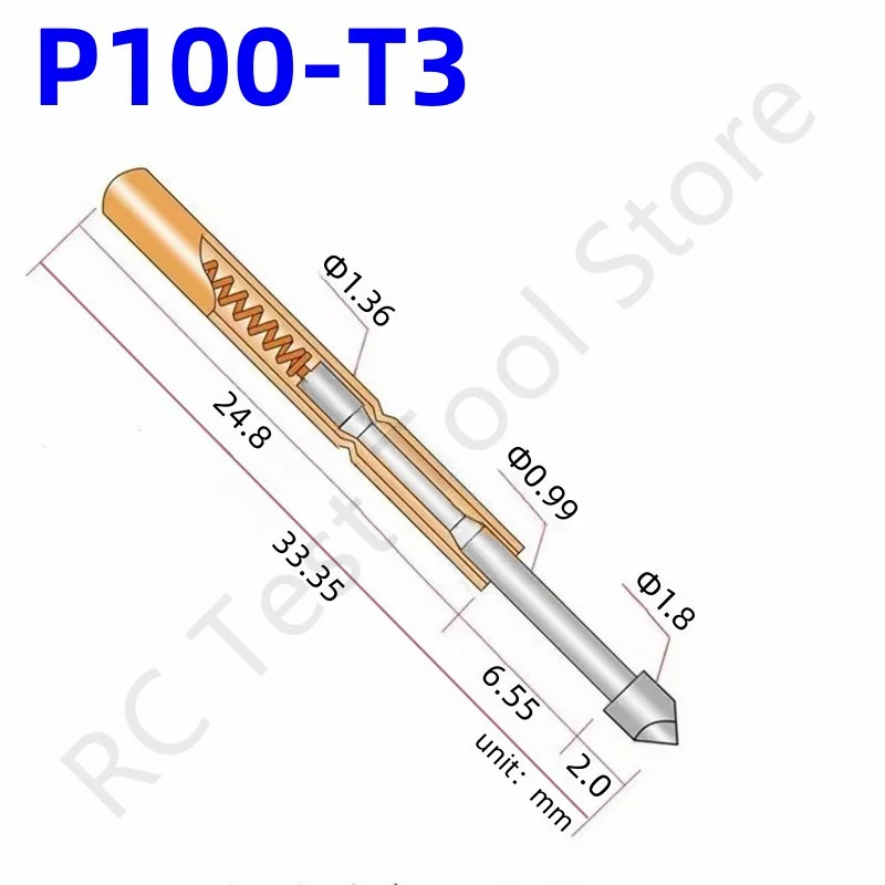 

100PCS P100-T3 Spring Test Probe Test Pin Pogo Pin Nickel Plated Pin Dia1.36mm Length 33.35mm P100-T Test Head Dia1.8mm PCB Tool