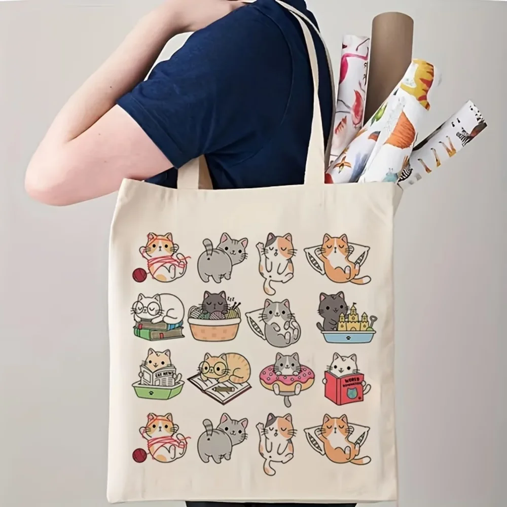 1 Cute Cat Collage Tote Bag, Reusable Grocery Shopping Bag, Multifunctional Large-Capacity Double-Sided Printed Tote Bag Storage Bag, Personal Item Storage Tote Bag, Suitable for Giving as Gifts to Friends and Students, Gift for Cat Lovers