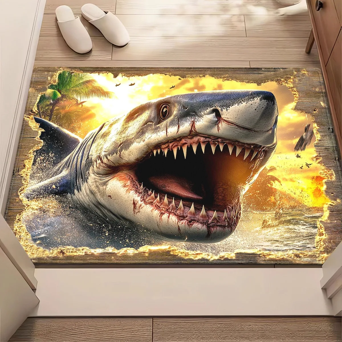 3D Shark Rug Flannel Soft Kids Carpet Fire Print Bedroom Kitchen Floor Mat Anti Slip