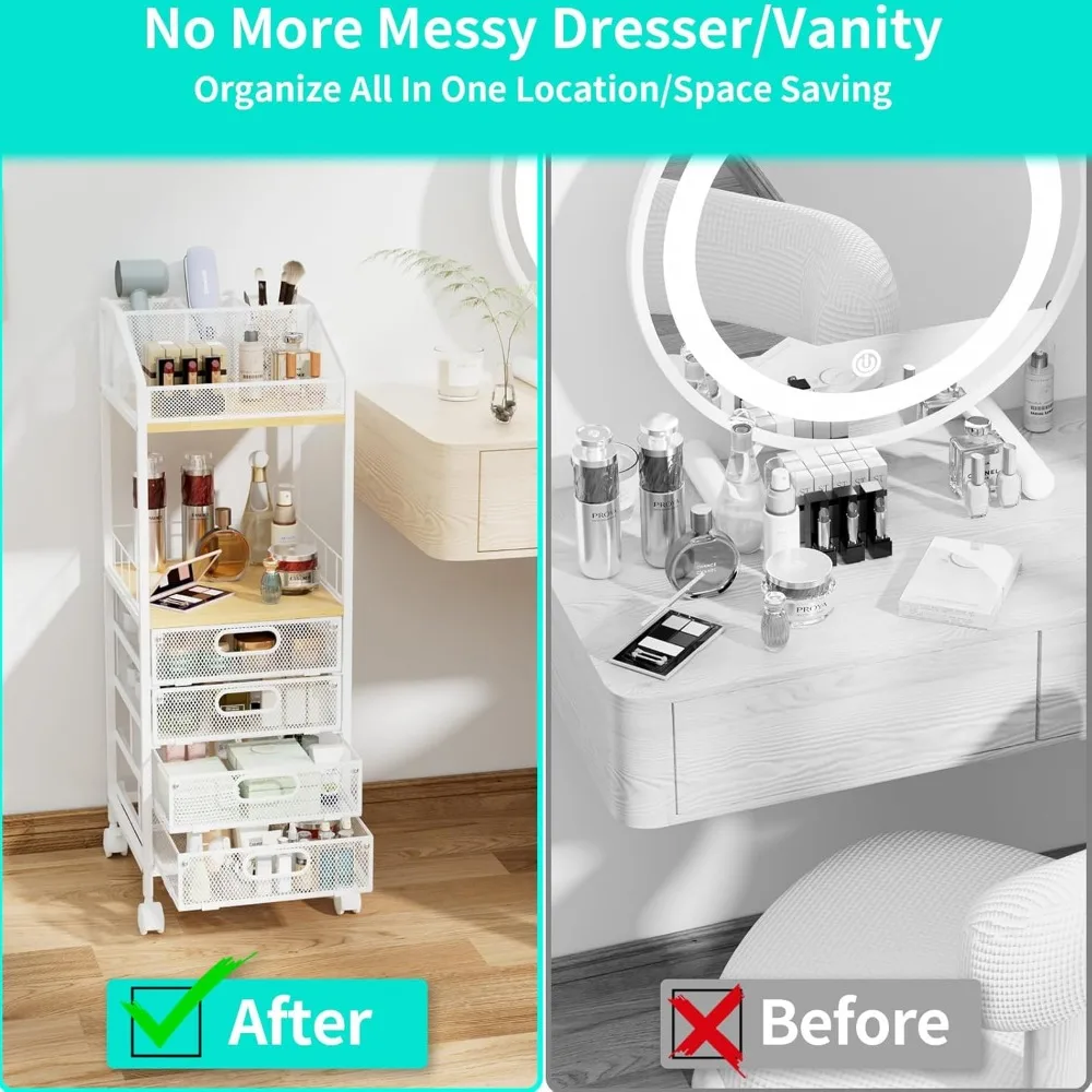 4-Drawer Rolling Makeup Cart with Display Case - Skincare & Cosmetics Organizer for Vanity Storage