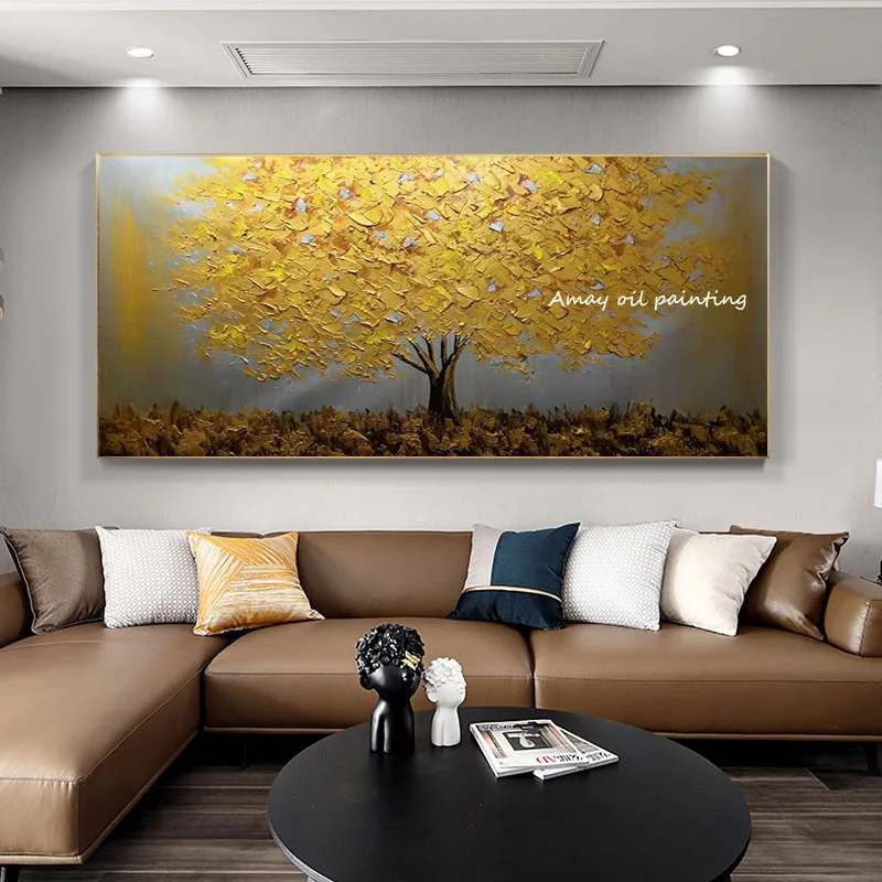 Gold Tree Textured Oil Painting Hand Painted Abstract Landscape Horizontal Canvas Wall Art For Living Room Decor