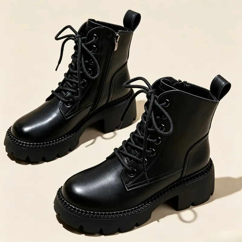 High Quality Leather Platform Ankle Boots Women Fashion Lace‑up Side Zipper Detail Winter Boots British-Style Designer Shoes
