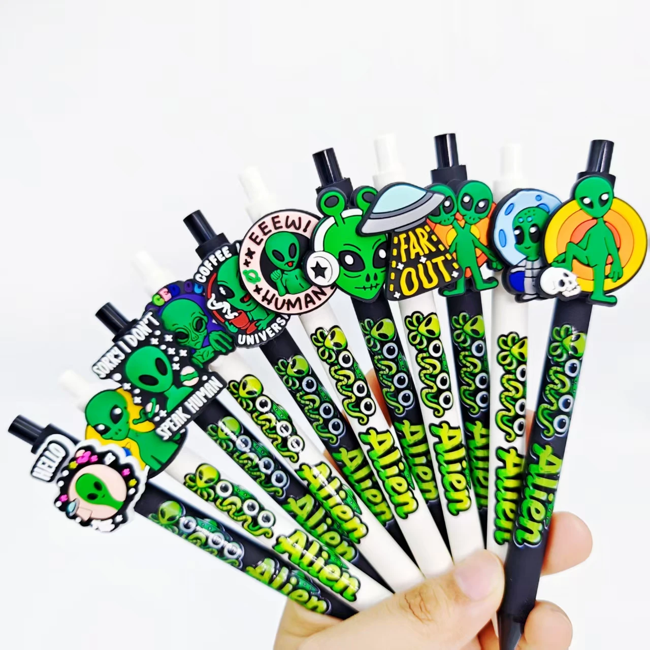11pcs/22pcs green alien themed ballpoint pen, creative alien font printing, daily office, student learning stationery, gift pens