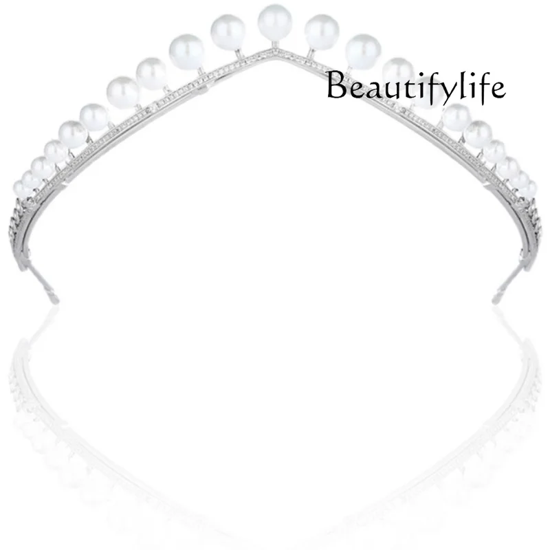 Sterling Silver Light Luxury High-Grade Simple Pearl Headband Wedding Crown Headdress Bridal Wedding Dress Crown