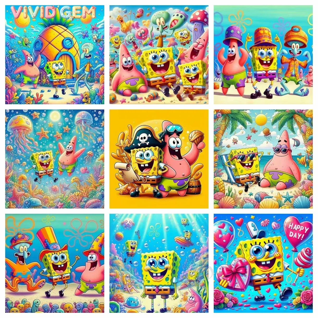 VIVID GEM 2024 New Cartoon Sponge Baby Colorful Mosaic Diamond Painting Set with Cross Embroidery Handmade DIY Rhinestone Hom