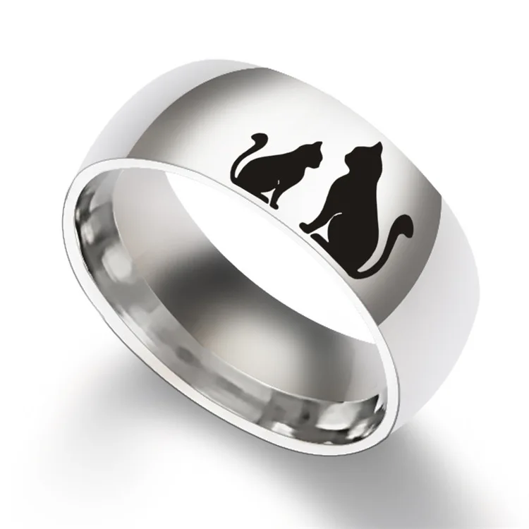 Cross border jewelry hot selling manufacturers 8mm small cat and big cat silhouette stainless steel ring in stock