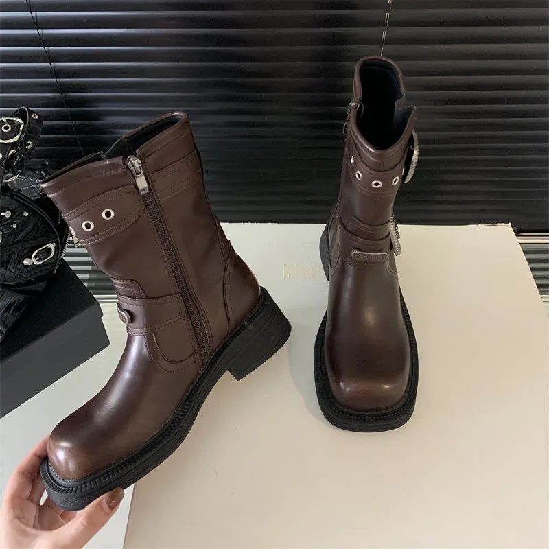 

Ladies gladiator black zipper mid-calf boots, round toe chunky heel handsome design exquisite fashion knight boots ankle boots