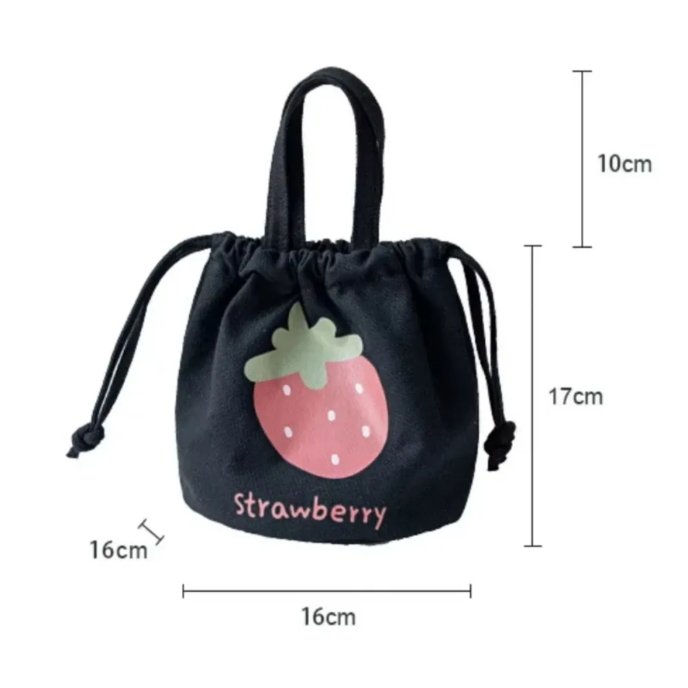 2023 Mini Canvas Drawstring Bag Female Cartoon Strawberry Handbag Bucket Bag Lunch Box Small Cloth Bag Women Tote Food Bags