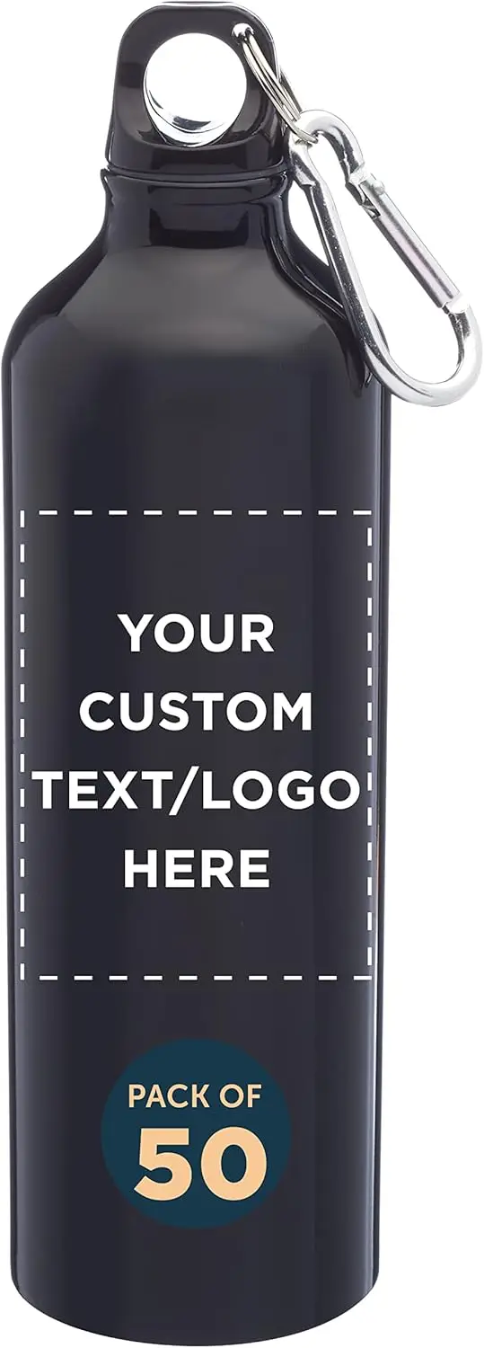 PROMOS Custom Aluminum Water Bottles with Carabiner 24 oz. Set of 50, Personalized Bulk Pack - Perfect for Gym, Hiking, Camping,