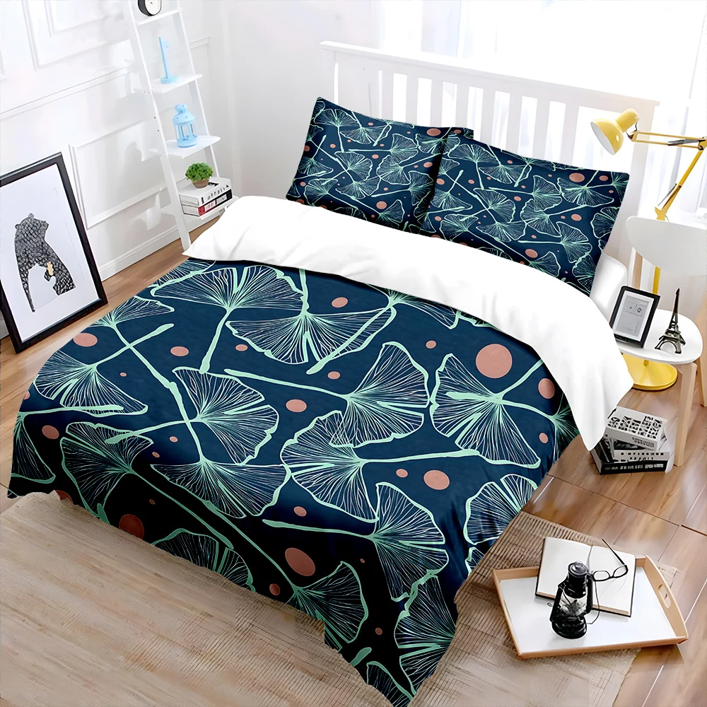 Ginkgo leaves and dot pattern Print Bedding Set 1 Duvet Cover 2 Pillowcases for Adult and Children Luxury Gift Full Size