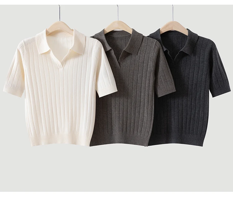 MZ62056 Damen-Pullover mit Polokragen, offenem V-Ausschnitt, kurzen Ärmeln, geripptem Strick, einfarbig, weiche Modal-Mischung, lässiges Oberteil für den frühen Herbst. – Detail 11