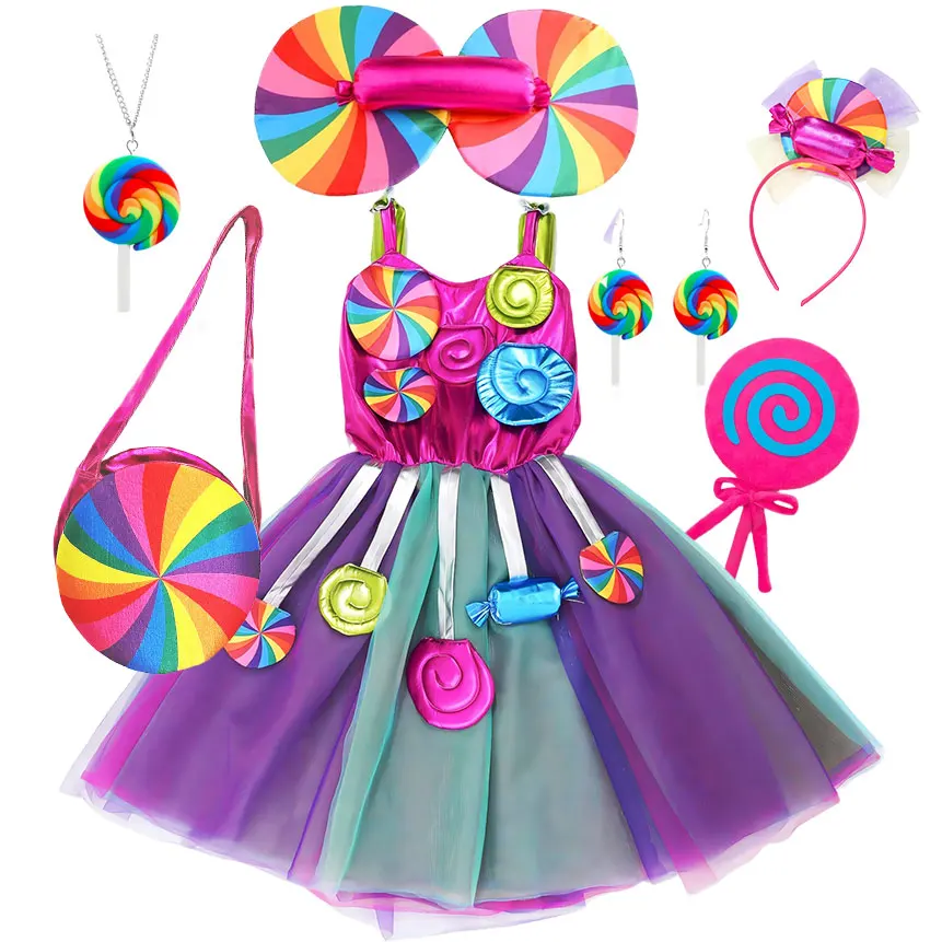 

Spring Summer Carnival Cute Dress Candy Lollipop Embellished Costume with Headband Girl Purim 2026 Festival Parade Apparel Dress