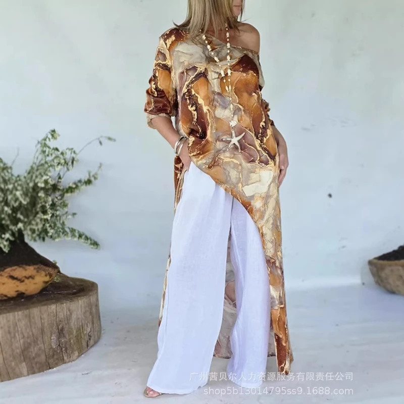 Tops Women Mid Length Top Round Neck Irregular Short Sleeve Print Sexy Y2k Streetwear High Waist Elegant Work Slim Fit 2026