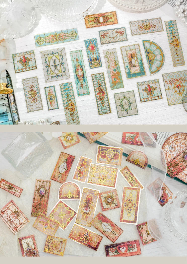 Journal GO 30 Stück Vintage wunderschöne florale Fliesen-Aufkleber mit Heißfolienprägung für Scrapbook-Karten, DIY, goldene geprägte Muster, Planer-Aufkleber – Detail 13