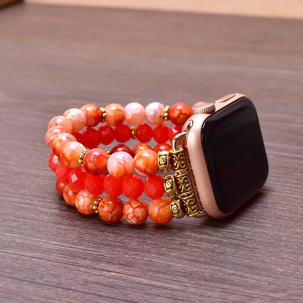 Orange Onyx Crystal Apple Watch Band 38mm 40mm 41mm 42mm 44mm 45mm Natural Stone Beaded Bracelet Strap for Iwatch Series 1-SE