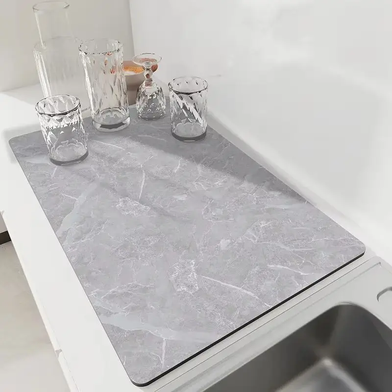 VIKAMA Gray Marble Placemat Kitchen Counter Mat Absorbent Quick Dry Non Slip Washable Soft Pad Bathroom Dining Table Decor