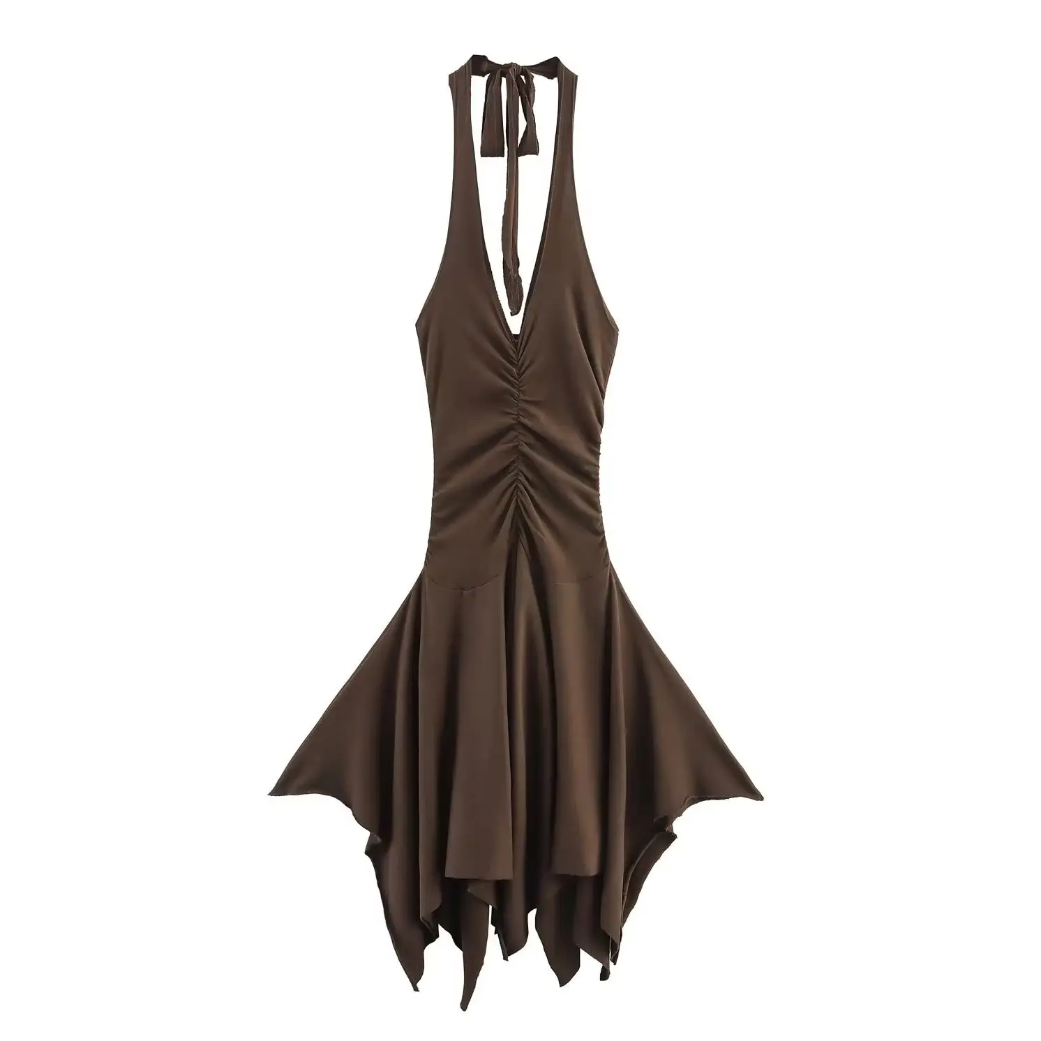 KONDALA elegante marrón Sexy moda 2025 Vestidos de mujer borla fiesta sin espalda cuello montado Mini vestido de fiesta plisado Vestidos femeninos