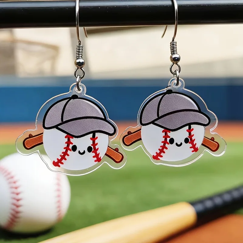 Cute Cartoon Baseball Pendant Drop Earrings Acrylic 2D Flat Sporty Fashion Casual Jewelry for Women Girls Sports Students