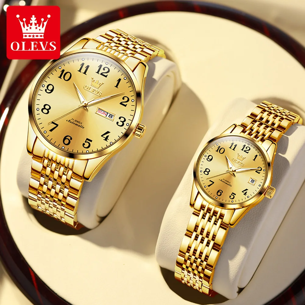 OLEVS jam tangan Mekanikal Pria Wanita, arloji pasangan Stainless Steel tahan air, merek terkenal, mewah, tanggal pekan