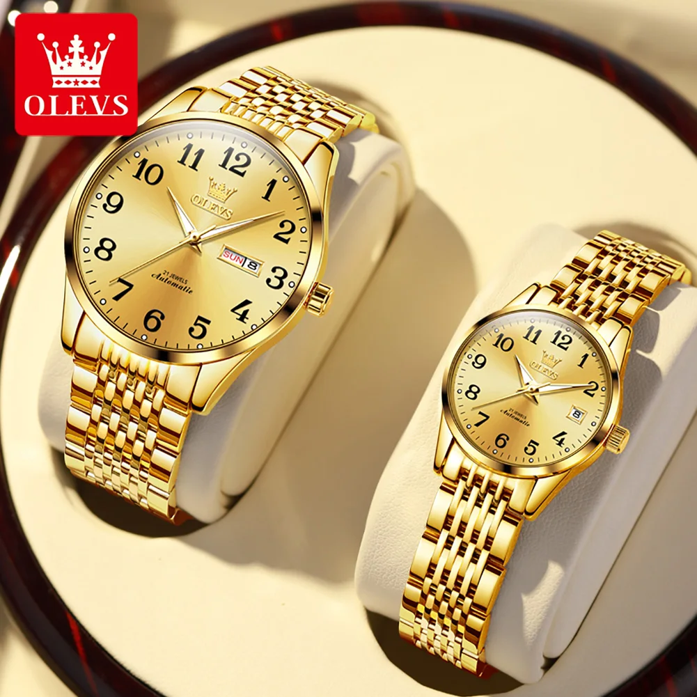 OLEVS New Lover Mechanical Watch Top Brand Luxury Waterproof Stainless Steel Paired Men Women Automatic Watches Couple Week Date